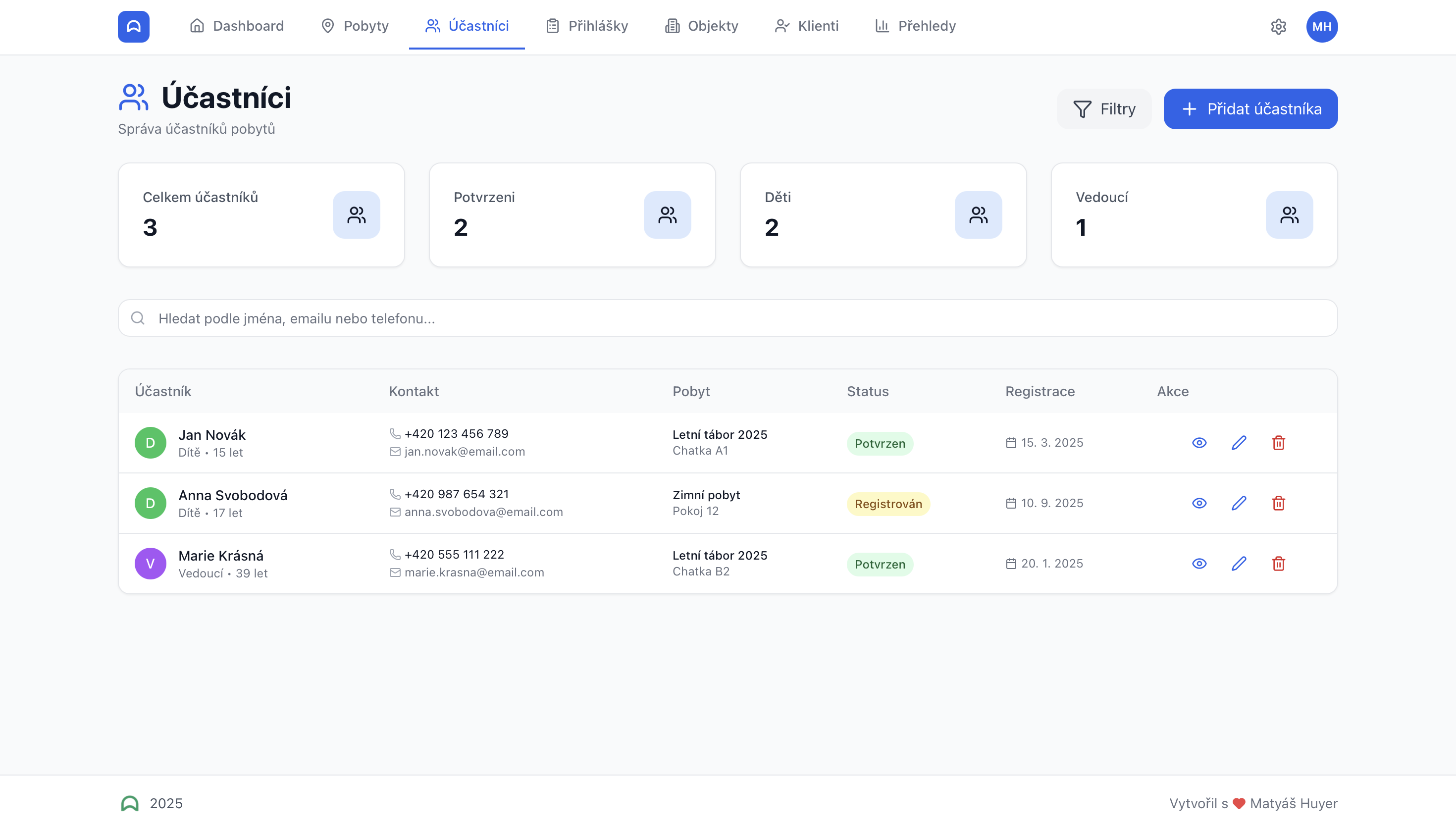 Evidence účastníků
